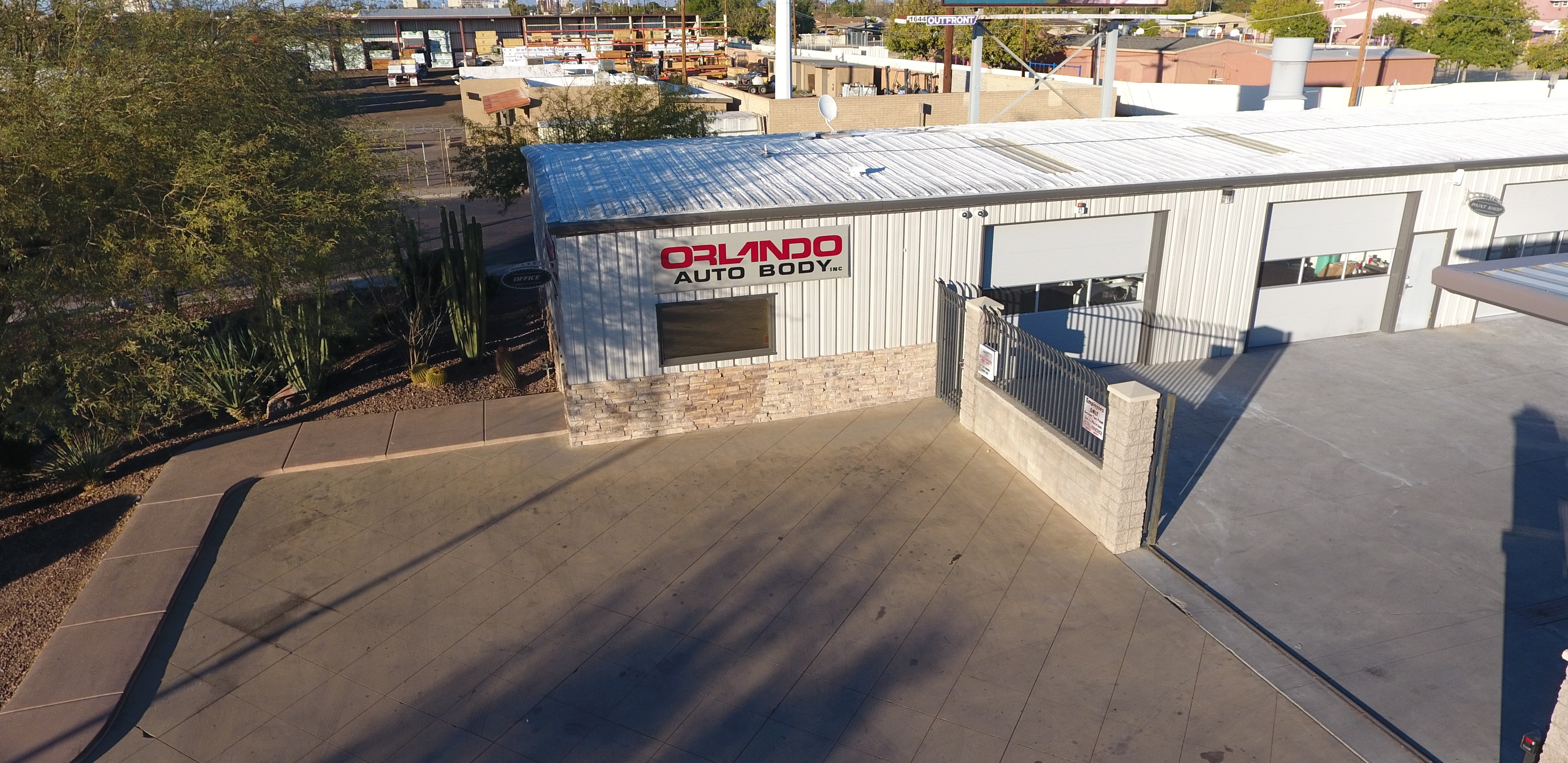 Aerial view of an Orlando Auto Body collision repair shop