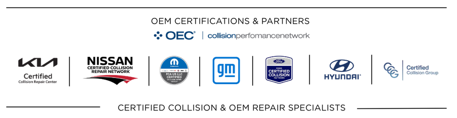 OEM certifications and partners: Kia Certified Collision Repair Center, Nissan Certified Collision Network, FCA US LLC Certified, GM, Ford Certified Collision Network, Hyundai, and CCC Certified Collision Group