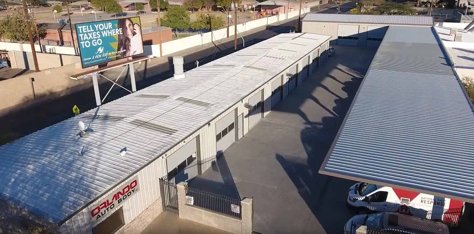 Aerial view of the Orlando Auto Body campus in Mesa, Arizona
