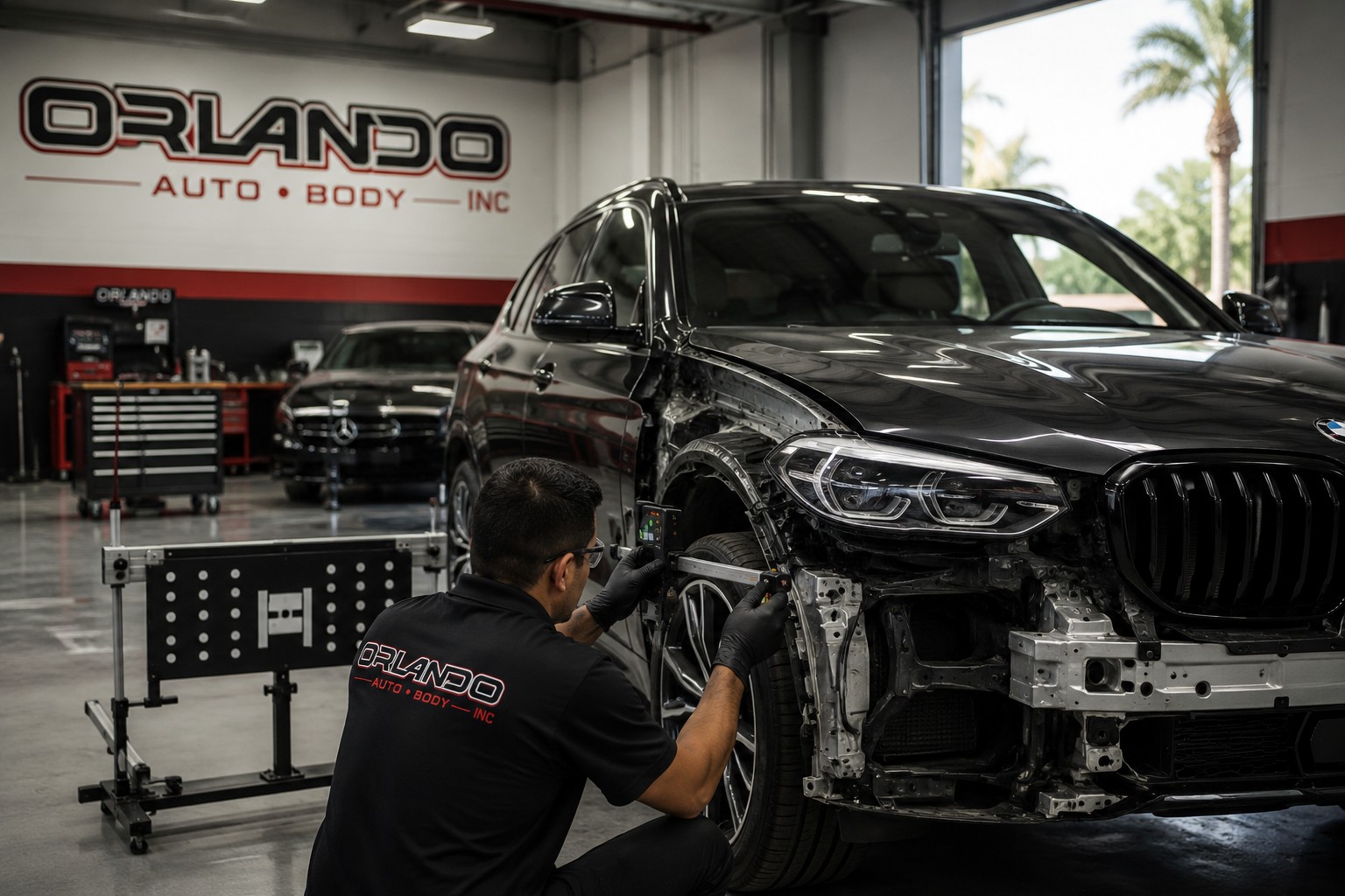 Orlando Auto Body technician restoring a luxury vehicle to protect its value at the Mesa collision center