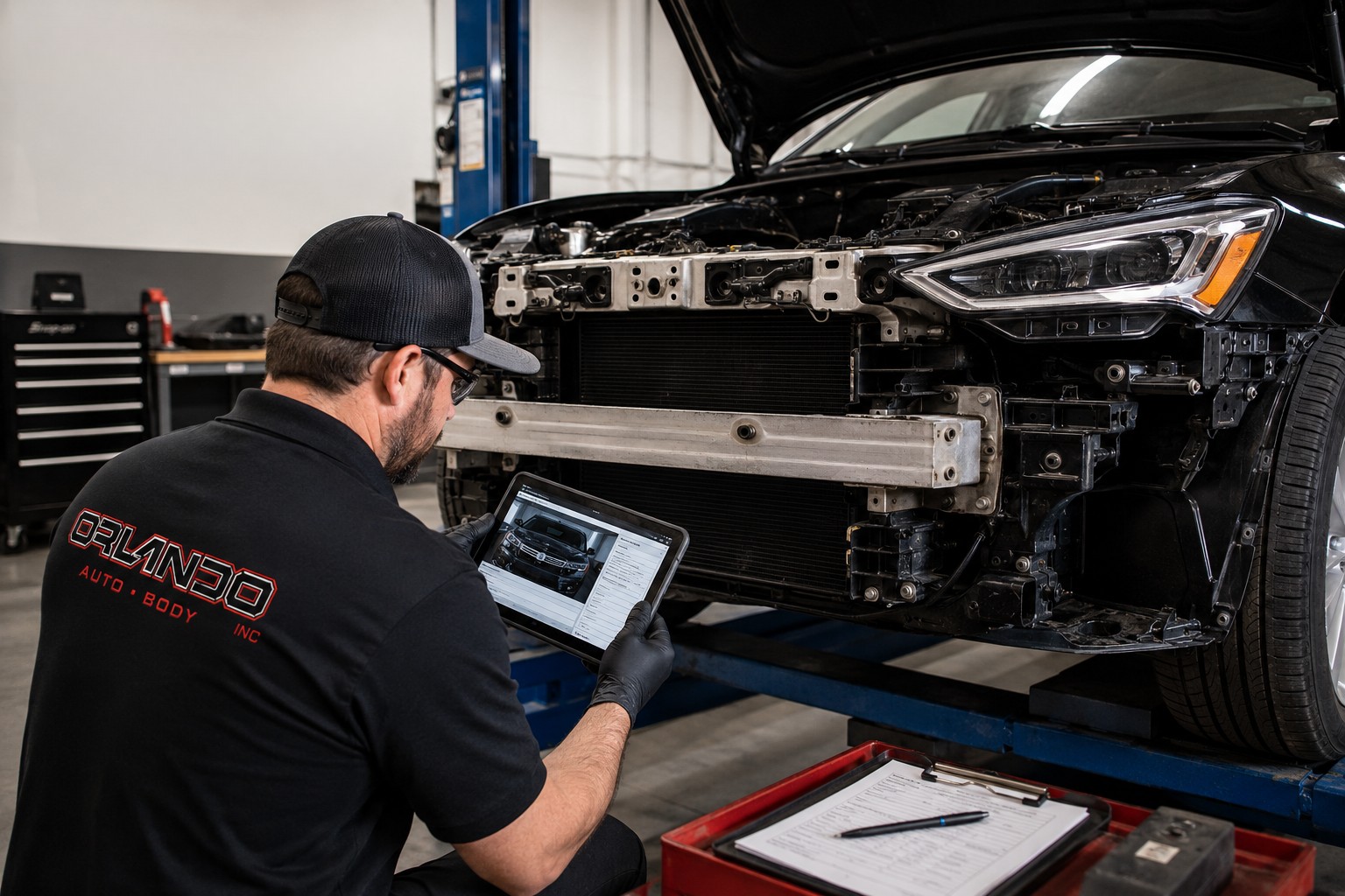 Orlando Auto Body technician using a tablet to inspect a disassembled vehicle inside the shop